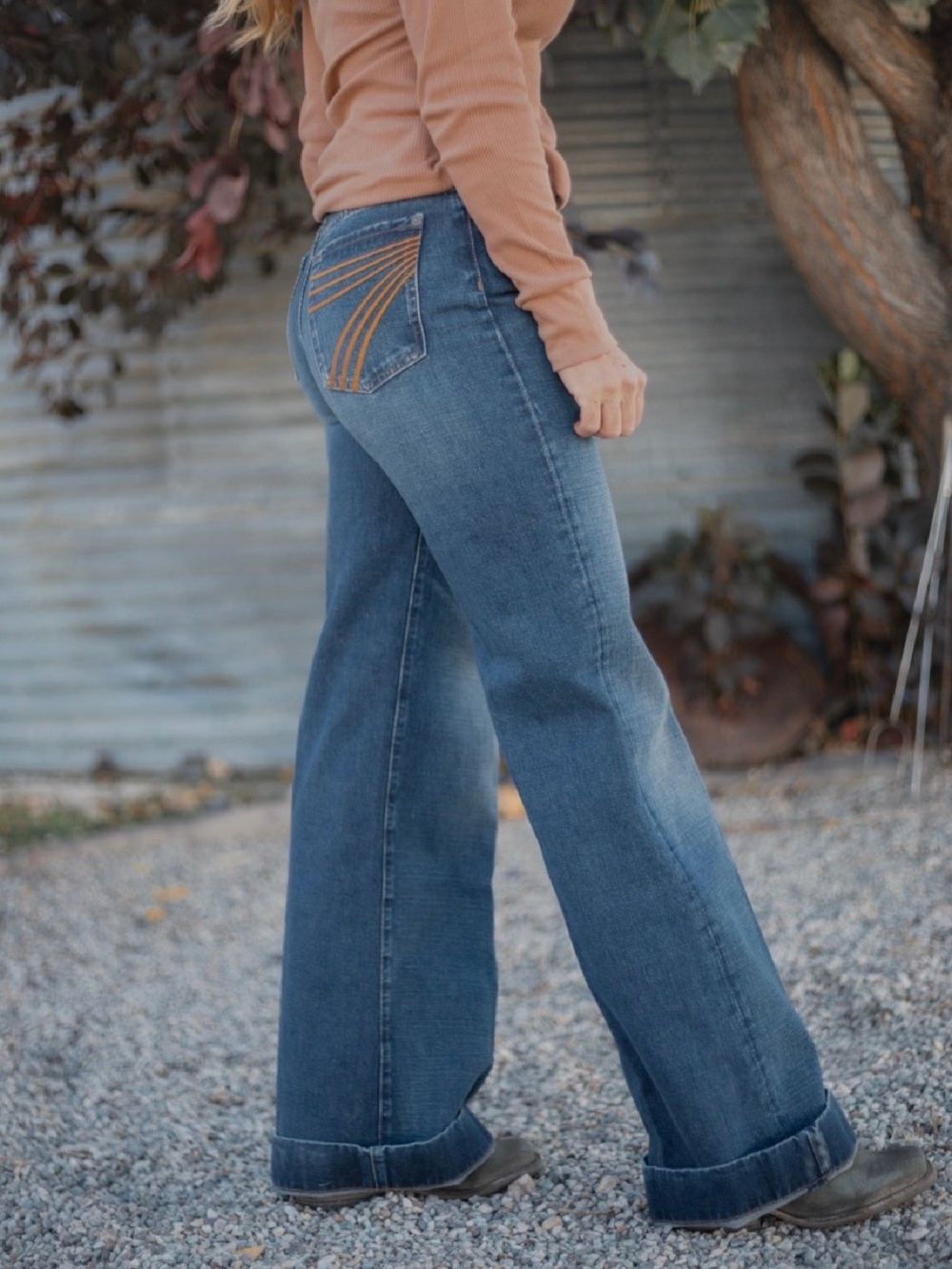 7 For All Mankind Women's Boot Cut Jeans in Medium Blue with Brown Stitching